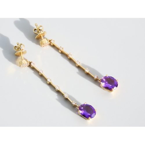 446 - Pair of 18 Carat Yellow Gold Amethyst and Diamond Set Drop Earrings Each 5cm High Attractively Detai... 