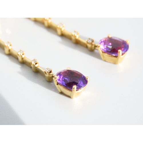 446 - Pair of 18 Carat Yellow Gold Amethyst and Diamond Set Drop Earrings Each 5cm High Attractively Detai... 