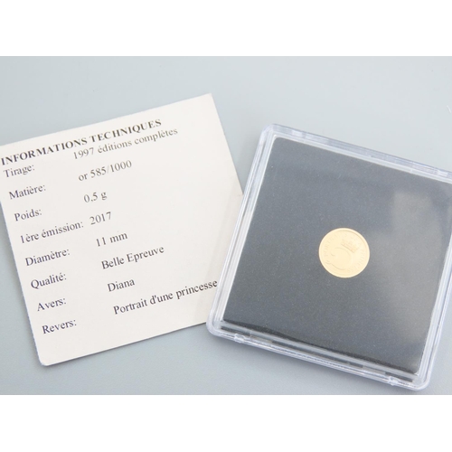 451 - 11 Carat Yellow Gold Commemorative Princess Diana Coin Proof Dated 2015 Encapsulated Mint Condition ... 