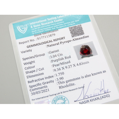 459 - Red Pear Cut Garnet 3.04 Carat Certificate Present