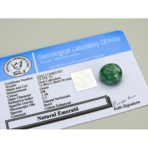 463 - Emerald Oval Cabochon Cut Heat Treated Emerald 12.25 Carat Certificate Present