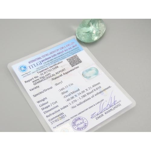 464 - Aquamarine Oval Mixed Cut Gemstone 160 Carats Various Feathered Inclusions Certificate Present