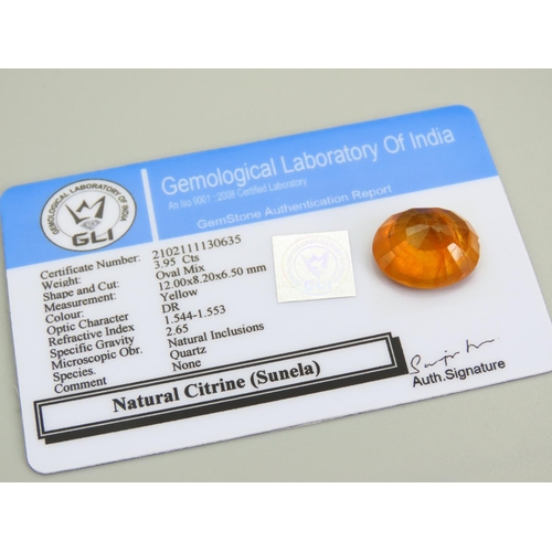 465 - Yellow Citrine Oval Mixed Cut 3.95 Carat Certificate Present