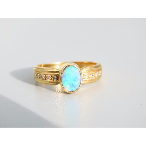 472 - Opal and Diamond Ladies Ring Mounted on 18 Carat Yellow Gold Band with Diamond Inset Shoulders Ring ... 