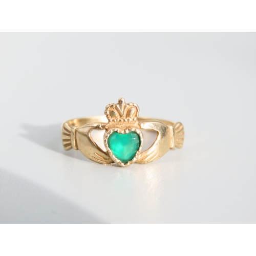 479 - Emerald Set Claddagh Ring 9 Carat Yellow Gold Ring Size P