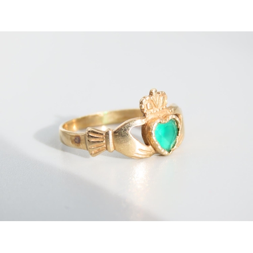 479 - Emerald Set Claddagh Ring 9 Carat Yellow Gold Ring Size P