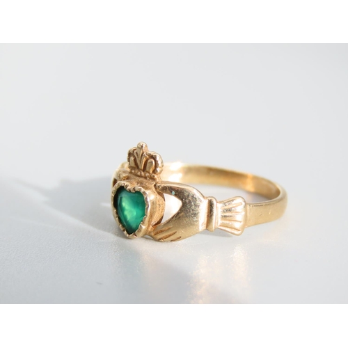 479 - Emerald Set Claddagh Ring 9 Carat Yellow Gold Ring Size P