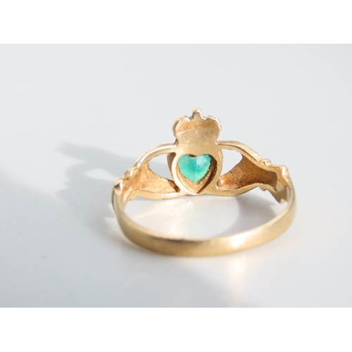 479 - Emerald Set Claddagh Ring 9 Carat Yellow Gold Ring Size P