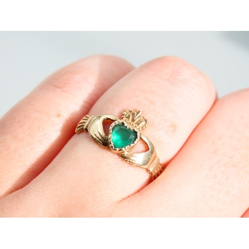 479 - Emerald Set Claddagh Ring 9 Carat Yellow Gold Ring Size P