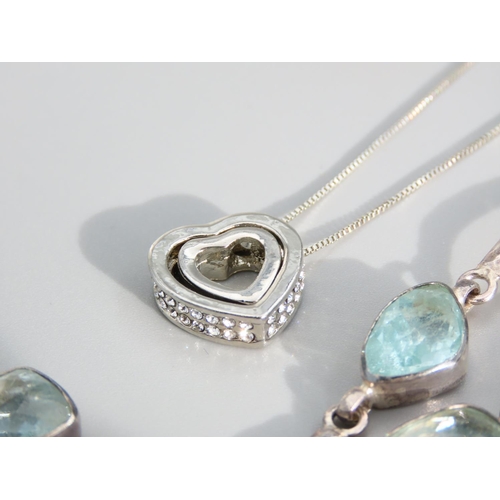 483 - Silver Mounted Aquamarine Set Vintage Necklace Modernist Form Silver Bracelet Orb Decorated and Silv... 