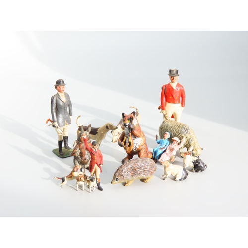 489 - Collection of Various Painted Old Lead Figures Including Huntsmen and Hounds with Musical Fox etc Qu... 