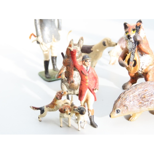 489 - Collection of Various Painted Old Lead Figures Including Huntsmen and Hounds with Musical Fox etc Qu... 