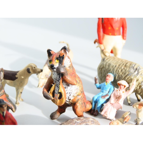 489 - Collection of Various Painted Old Lead Figures Including Huntsmen and Hounds with Musical Fox etc Qu... 