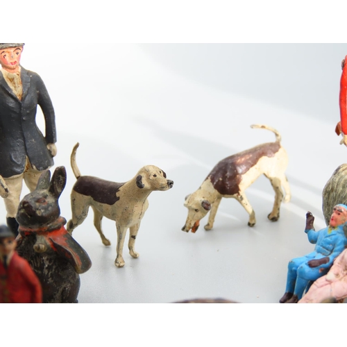 489 - Collection of Various Painted Old Lead Figures Including Huntsmen and Hounds with Musical Fox etc Qu... 