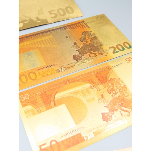 496 - Eight Gold Plated and Polished Euro Notes Largest Euro Denomination 500 Euros Non Transferable