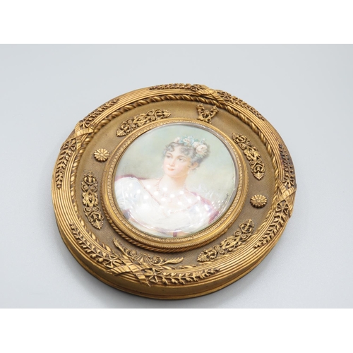 67 - Antique Portrait Miniature of Lady Contained within Attractively Detailed Ormolu Frame Possibly Fren... 