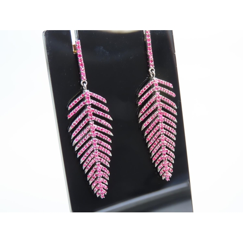 Pair of Ruby and Diamond Set Leaf Motif Ladies Earrings 14 Carat Yellow Gold with Silver Set Backs Each 6cm Drop Finely Detailed and Articulated