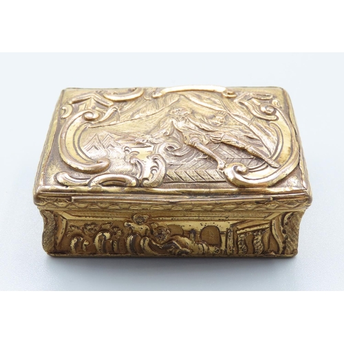 81 - Antique Ormolu Pill Box with Embossed Detailing Mariner Motifs Hinged Top 5cm Wide x 4cm Deep