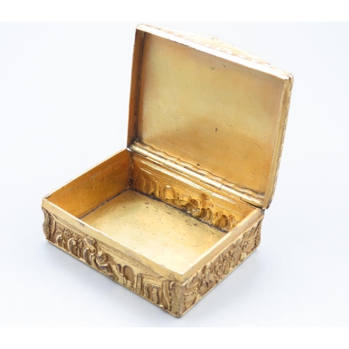 81 - Antique Ormolu Pill Box with Embossed Detailing Mariner Motifs Hinged Top 5cm Wide x 4cm Deep