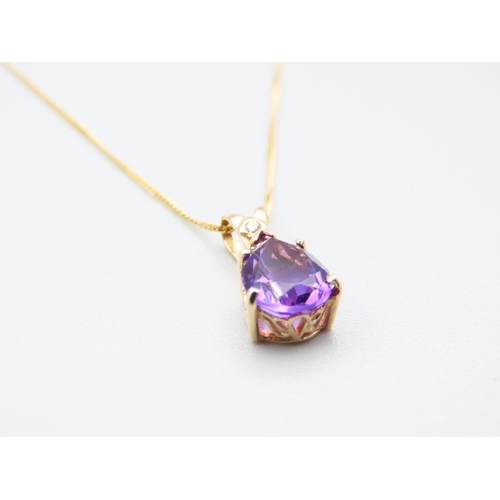 90 - 9 Carat Yellow Gold Four Claw Set Amethyst Drop Necklace Pendant 1.5cm High