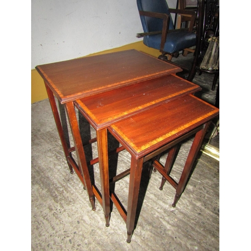 102 - Nest of Three Antique Graduated Occasional Tables Mahogany Satinwood Cross Banded Decoration Taperin... 