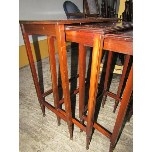 102 - Nest of Three Antique Graduated Occasional Tables Mahogany Satinwood Cross Banded Decoration Taperin... 