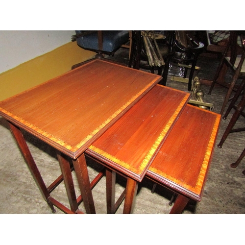 102 - Nest of Three Antique Graduated Occasional Tables Mahogany Satinwood Cross Banded Decoration Taperin... 