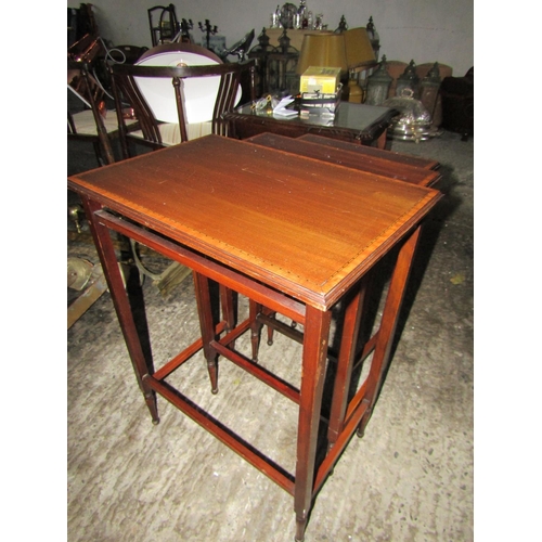 102 - Nest of Three Antique Graduated Occasional Tables Mahogany Satinwood Cross Banded Decoration Taperin... 