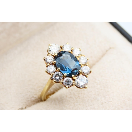 1034 - Vintage French Circa 1950 18 Carat Yellow Gold Oval Sapphire and Diamond Cluster Ring Sapphire 2.14 ... 