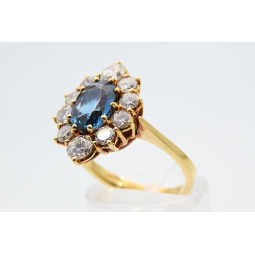 1034 - Vintage French Circa 1950 18 Carat Yellow Gold Oval Sapphire and Diamond Cluster Ring Sapphire 2.14 ... 