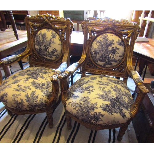 104 - Pair of Carved Giltwood Drawing Room Armchairs Upholstered Backs above Carved Supports