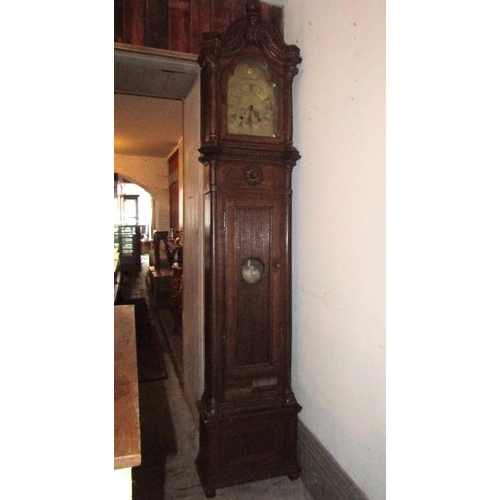 107 - Antique Grandfather Clock Engraved Brass Bound Dial Approximately 7ft High Working Order with Pendul... 