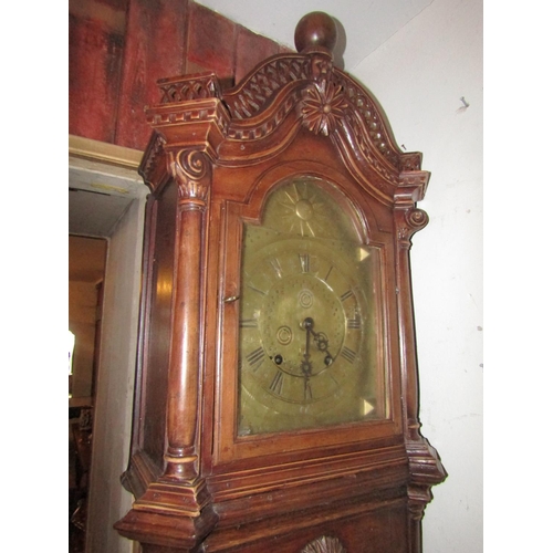 107 - Antique Grandfather Clock Engraved Brass Bound Dial Approximately 7ft High Working Order with Pendul... 