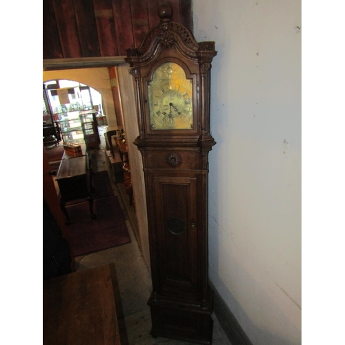 107 - Antique Grandfather Clock Engraved Brass Bound Dial Approximately 7ft High Working Order with Pendul... 