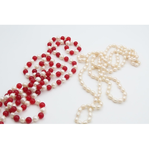 1074 - Two Pearl Necklaces One Single Strand and Another Polished Gemset and Pearl Each 120cm Long