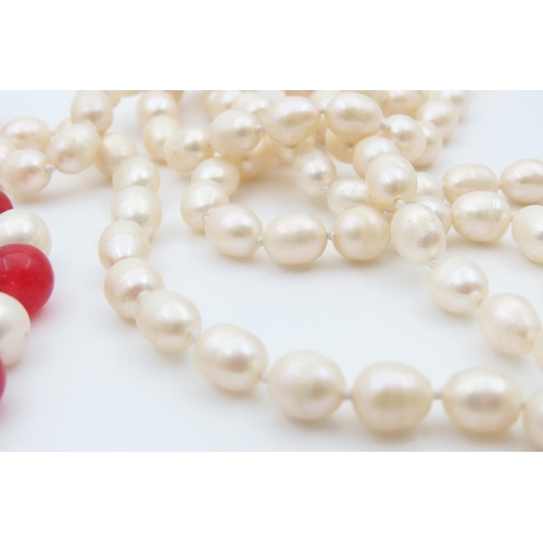 1074 - Two Pearl Necklaces One Single Strand and Another Polished Gemset and Pearl Each 120cm Long