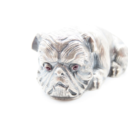 1076 - Silver Seated Bulldog Figure Ruby Inset Eyes Possibly Russian 7cm Wide