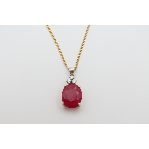 1077 - Ruby and Diamond Pendant Four Claw Set Mounted in 9 Carat Yellow Gold Pendant 2.5cm Drop Further Set... 