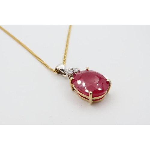 1077 - Ruby and Diamond Pendant Four Claw Set Mounted in 9 Carat Yellow Gold Pendant 2.5cm Drop Further Set... 