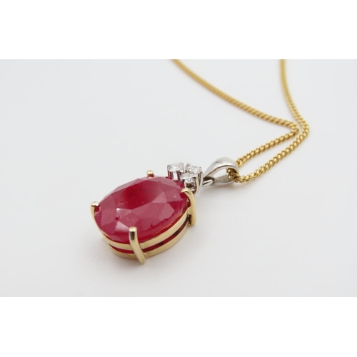 1077 - Ruby and Diamond Pendant Four Claw Set Mounted in 9 Carat Yellow Gold Pendant 2.5cm Drop Further Set... 