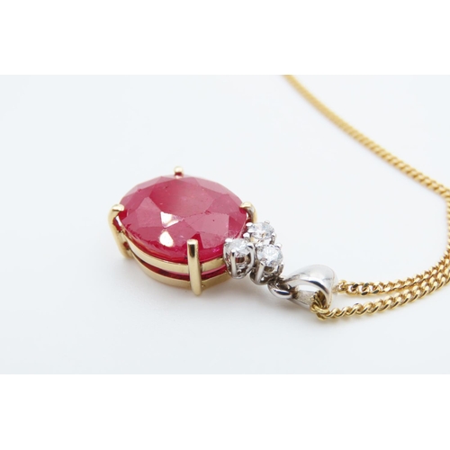 1077 - Ruby and Diamond Pendant Four Claw Set Mounted in 9 Carat Yellow Gold Pendant 2.5cm Drop Further Set... 