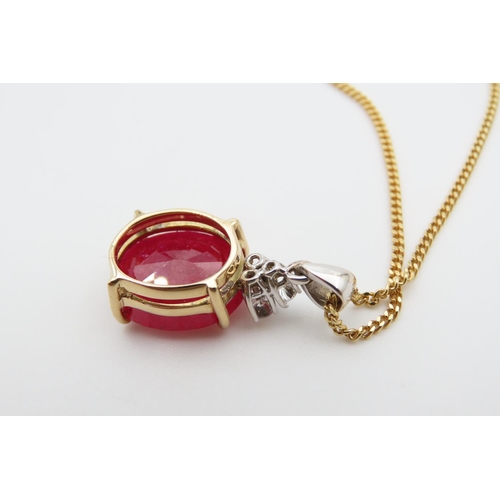 1077 - Ruby and Diamond Pendant Four Claw Set Mounted in 9 Carat Yellow Gold Pendant 2.5cm Drop Further Set... 