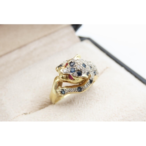 1080 - Panther Motif Decorated Ring Ruby Eyes Diamond and Sapphire Inset Decoration 18 Carat Yellow Gold At... 