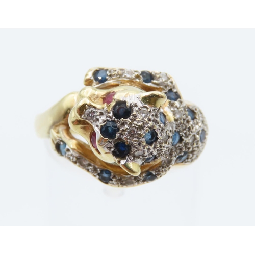 1080 - Panther Motif Decorated Ring Ruby Eyes Diamond and Sapphire Inset Decoration 18 Carat Yellow Gold At... 