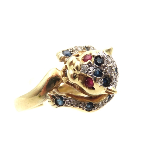 1080 - Panther Motif Decorated Ring Ruby Eyes Diamond and Sapphire Inset Decoration 18 Carat Yellow Gold At... 