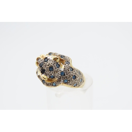 1080 - Panther Motif Decorated Ring Ruby Eyes Diamond and Sapphire Inset Decoration 18 Carat Yellow Gold At... 