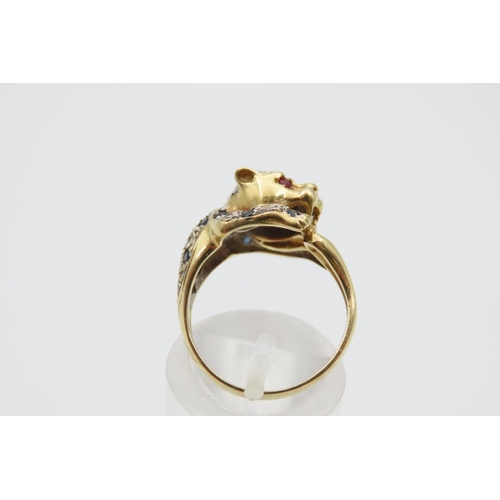 1080 - Panther Motif Decorated Ring Ruby Eyes Diamond and Sapphire Inset Decoration 18 Carat Yellow Gold At... 