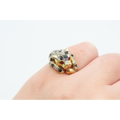 1080 - Panther Motif Decorated Ring Ruby Eyes Diamond and Sapphire Inset Decoration 18 Carat Yellow Gold At... 