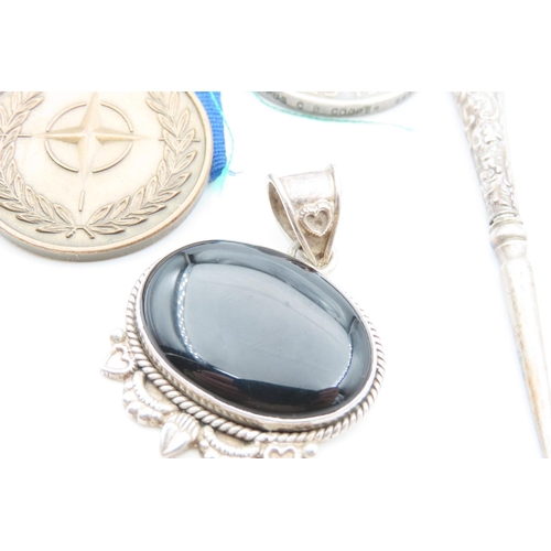 1094 - Three Various Medals with Silver Handled Nail Pick and Silver Mounted Panel Set Onyx Mounted Pendant... 