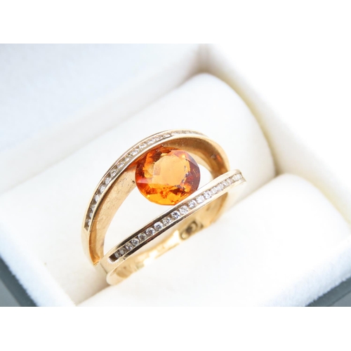 1108 - Cognac Citrine Centre Stone Ring Diamond Decorated Band 9 Carat Yellow Gold Ring Size O